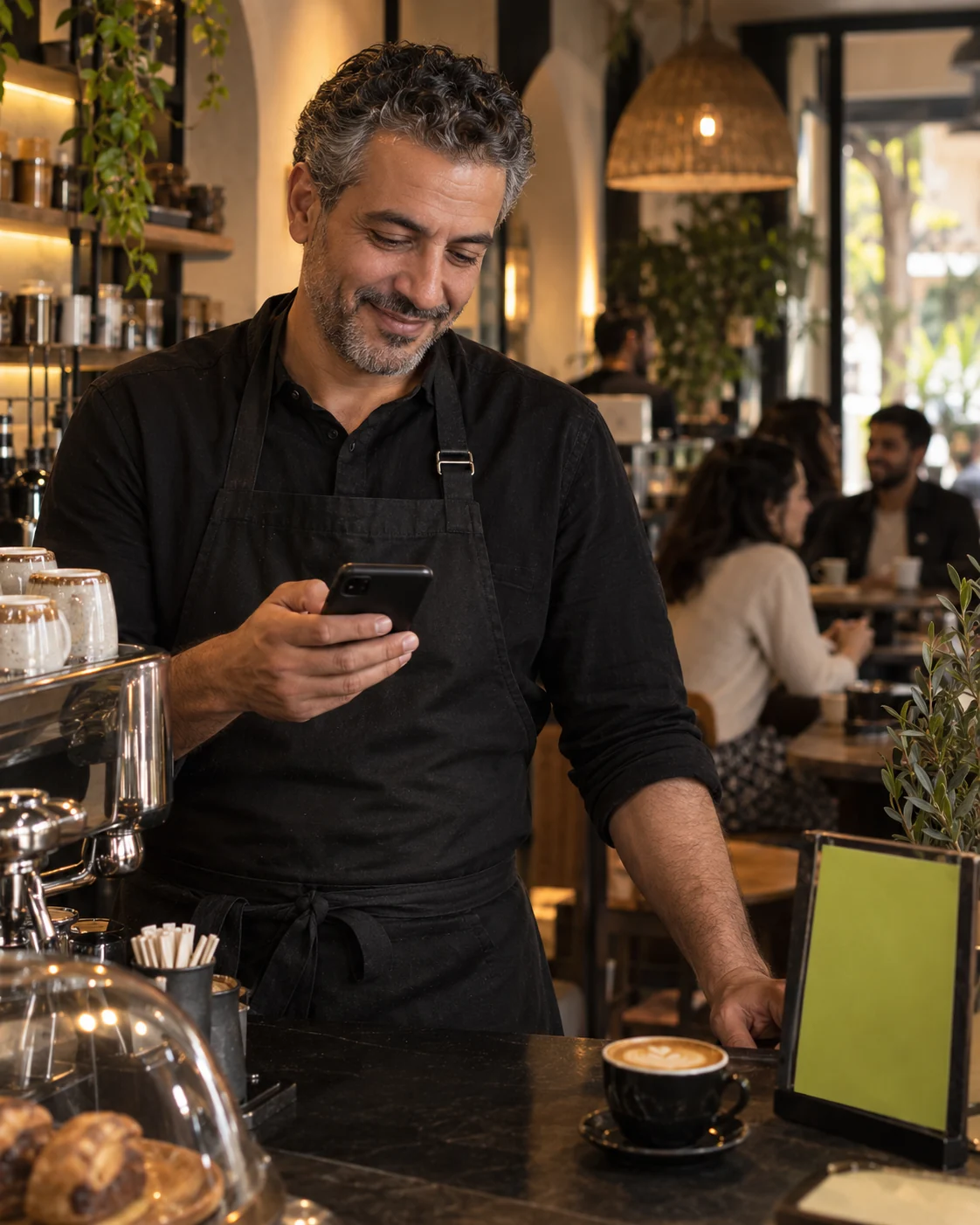 A happy café owner reading a phone message at his counter with customers in the background.