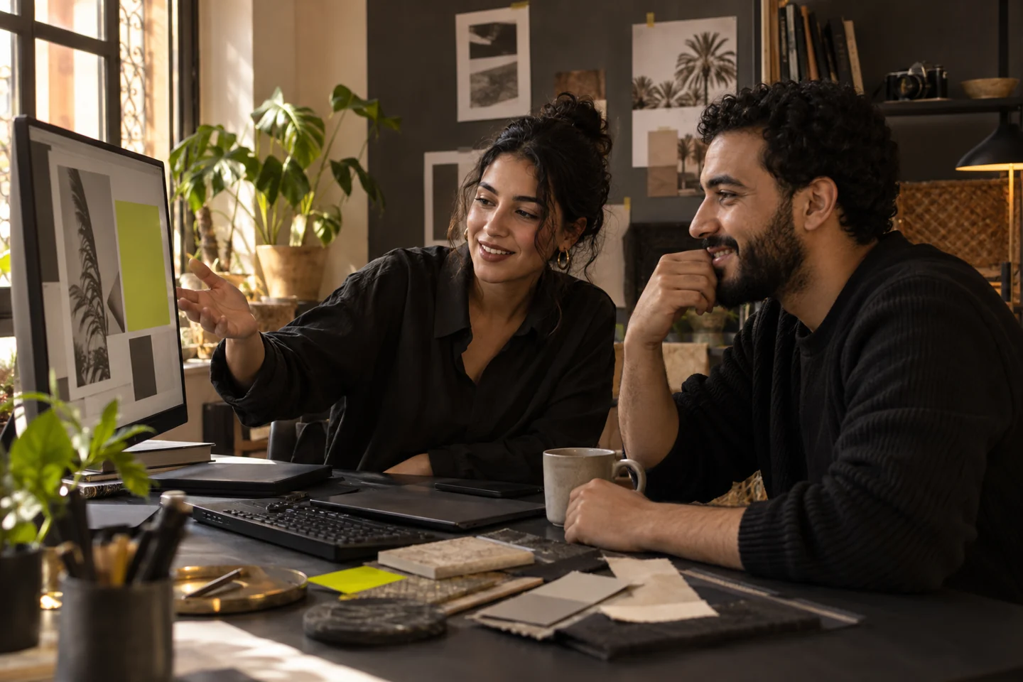 A designer and developer collaborating at a warm, independent creative studio.