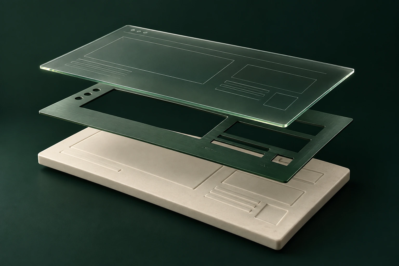 Trois couches de verre, de métal et de céramique illustrant la construction d’une interface web